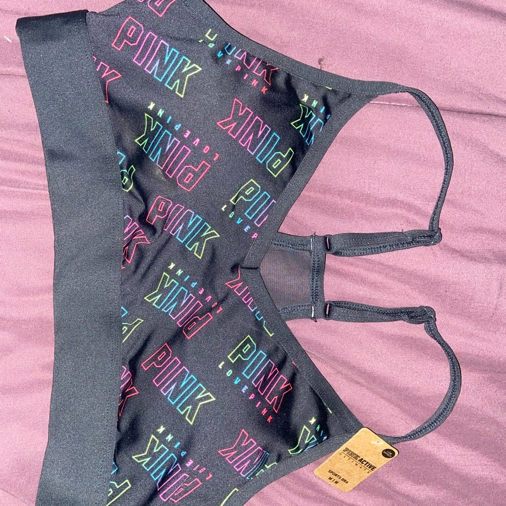 PINK Victoria's Secret Black and Multicolor Logo Sports Bra